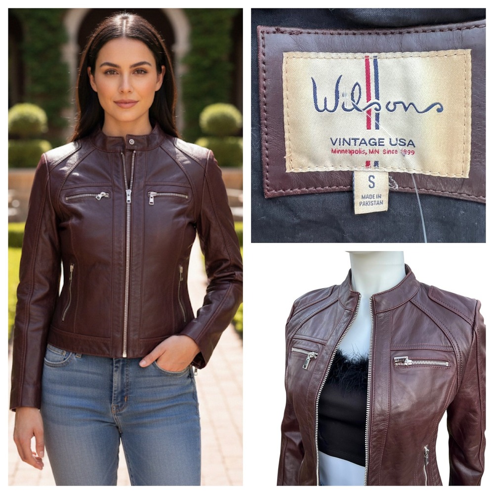 Wilsons 90's Vintage‎ USA Leather Moto Biker Jacket Burgundy Dark Red Racer Sz S